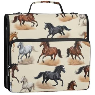 Imagem de Organizador profissional de fichário com zíper de 3,5 cm, 3 anéis, cavalos de corrida resistentes, vários bolsos, pasta de carteira grande, bolsa escolar com alça de ombro, 34,5 x 31,5 x 9 cm