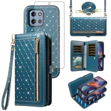 Imagem de Capa de celular para Motorola Moto G 5G 2025 com zíper carteira magnética destacável com alça de cordão transversal Bling Glitter Flip compartimentos para cartão de crédito G5G 5 G G5 mulheres homens