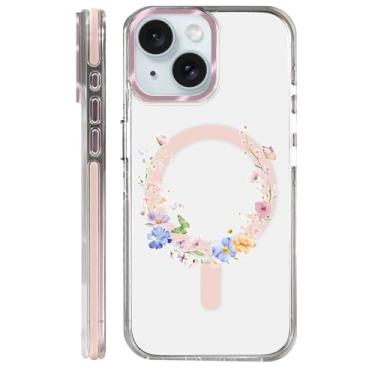 Imagem de casesok Capa para iPhone 15 compatível com Magsafe, design estético claro bonito para meninas e mulheres, capa rígida protetora antiqueda para iPhone 15 - Anel de borboleta com flores pastel