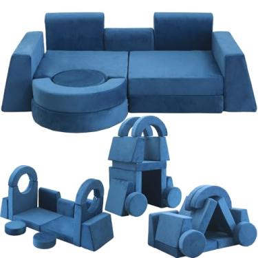 Imagem de Jadoxy Sofá infantil para brincar com 13 peças, sofá modular de chão, conjunto de almofadas para sala de jogos para meninos e meninas, sofá conversível de espuma (azul escuro)