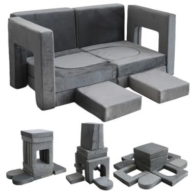 Imagem de Jadoxy Sofá infantil para brincar com 12 peças, sofá modular para crianças, sofá de espuma multifuncional para quarto, almofada de chão conversível imaginativa para meninos e meninas (cinza escuro)