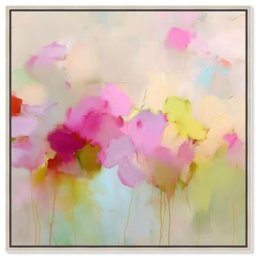 Imagem de Arte de parede para sala de estar com impressão em tela rosa e Chartreuse II por Art Remedy, moldura prata, 50 x 50 cm