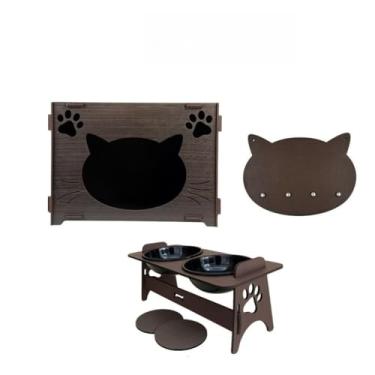 Imagem de Casa de Gato em MDF Nicho Toca Playground Cama para Gatos Espaço Pet Decorativo(KIT MARROM CASA+COMEDOURO)