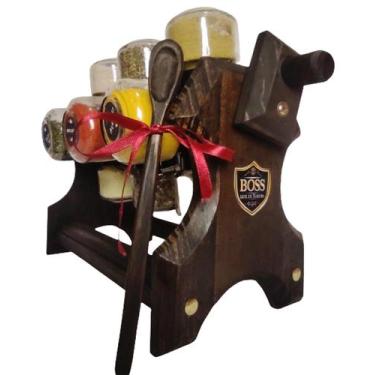 Imagem de Porta Temperos condimentos BOSS Giratório com Manivela Rústico 12 Pote