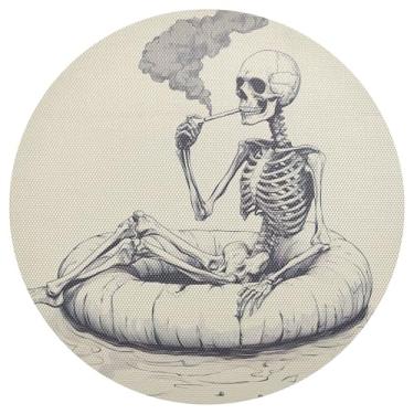 Imagem de xigua Jogo americano redondo de esqueleto engraçado de Halloween, conjunto de 1, tapete de mesa redondo antiderrapante resistente ao calor, tapetes de mesa de 48 cm para decoração de cozinha, jantar e