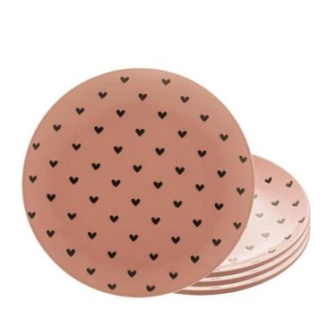 Imagem de Jogo 4 Pratos de Sobremesa em Cerâmica Coração Rosa Wolff 19,5cm