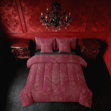 Imagem de Erosebridal Conjunto de edredom para adultos, damasco, 7 peças, cama de solteiro, estilo vitoriano, antigo, boêmio, exótico, barroco, bordô, vintage, floral, decoração de quarto