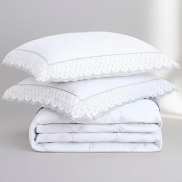 Imagem de Kit Enxoval Colcha Queen Dupla Face Lavive Serele Percal 200 Fios Laise Bordada Cobreleito 3 Peças (Gris Branco)