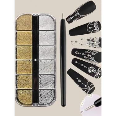 Imagem de 1 caixa, 12 grades, pingentes de lantejoulas, estrela, lua, coração, triângulo, quadrado, rebite para unhas e pés, decoração 3D, ouro, metálico, punk, arte em unhas, joias (cor 2)