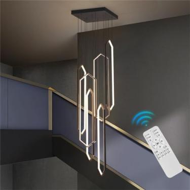 Imagem de Luminária pendente moderna retangular geométrica para mesa de jantar, lustre LED dimerizável com controle remoto e altura ajustável, luminária combinada preta para quarto, sala de jantar e s