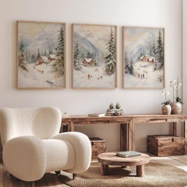 Imagem de Impressão de arte emoldurada de 3 peças, crianças, brincando na neve, pôster, fotos, esqui, floresta, cenário de neve, paisagem de inverno, pintura de parede para decoração de sala de estar e quarto