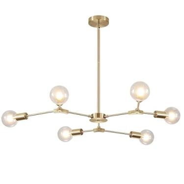 Imagem de Lustre Sputnik moderno com 6 lâmpadas, luminária pendente para ilha de cozinha em latão escovado, luminária industrial com braços flexíveis de metal para sala de estar (6 lâmpadas douradas)