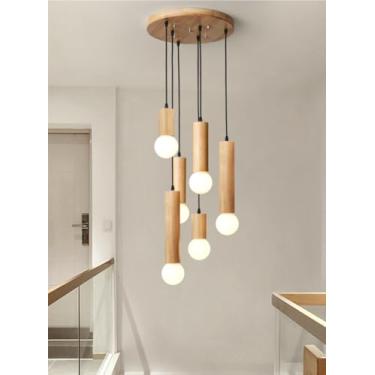 Imagem de Lustre de madeira com soquete E27, luminária pendente minimalista e moderna para mesa de jantar, escadas, sala de estar, sala de jantar, hall de entrada, altura ajustável (cor madeira, 6 lâm