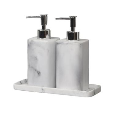 Imagem de Dispensadores de sabonete, elegante, com textura de mármore, conjunto com 2 dispensadores de sabão de resina e 1 bandeja conjunto de acessórios de banheiro para cozinha, banheiro (branco, 480 ml)