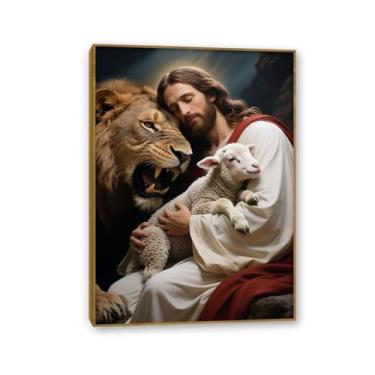Imagem de Arte de parede cristã Jesus Leão e Cordeiro Imagens Inspiradoras Decoração de Parede Religiosa Impressão em Tela Presentes para Igreja Sala de Estar Escritório Decoração de Casa 70 x 50 cm Moldura