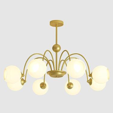 Imagem de Lustre Sputnik moderno com 8 globos de vidro, nas cores dourado e branco, para sala de estar, estilo meados do século XX, com luminária pendente. Lustre grande de latão para sala de jantar.