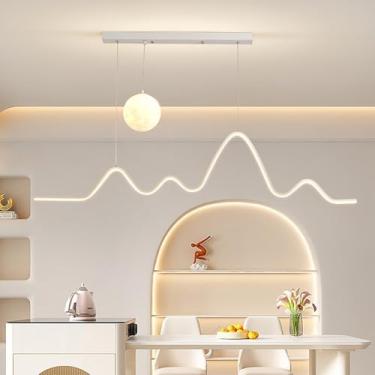 Imagem de Luminária pendente de mesa de jantar LED com controle remoto - Lustre moderno de design linear com intensidade regulável para sala de jantar, escritório e sala de estar (Branco)