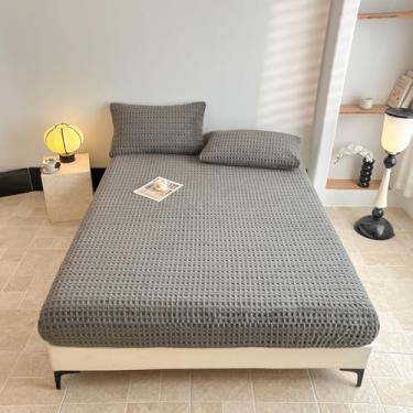 Imagem de Lençol de cama completo de tecido waffle com bolso profundo de 38 cm - Lençol de cama texturizado ultramacio com elástico em toda a volta - Roupa de cama respirável de qualidade hoteleira, cinza