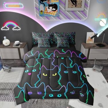 Imagem de Erosebridal Jogo de cama infantil com desenho animado de gatos pretos de 7 peças (1 edredom, 1 lençol de cima, 1 lençol com elástico, 2 fronhas, 2 fronhas)