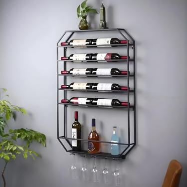 Imagem de Rack de vinho montado na parede - Prateleiras flutuantes de barra de ferro com suporte de vidro, exibição multifuncional de armazenamento de garrafa de licor, organizador de vinho preto elegante para