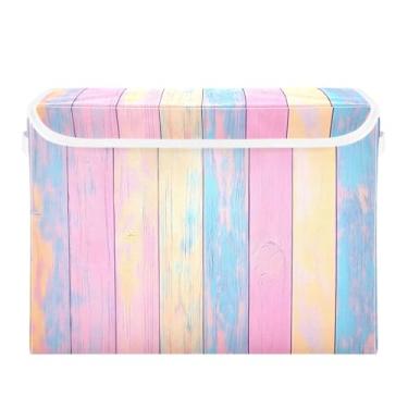 Imagem de Burbuja Caixa de armazenamento de madeira pastel colorida com tampa e alças, grande caixa de armazenamento dobrável para prateleiras armário quarto escritório organizador