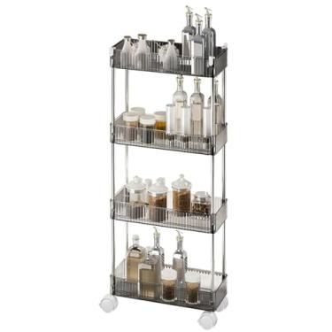 Imagem de Carrinho utilitário rolante de 4 camadas com rodas bloqueáveis - Organizador de carrinho de armazenamento de acrílico fino para cozinha, banheiro, lavanderia - Estante móvel, cinza, 38 cm P x 20 cm L