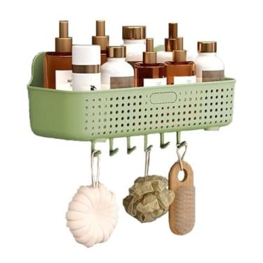 Imagem de Prateleiras de banheiro de plástico, organizador de chuveiro montado na parede com 6 ganchos, cesta de armazenamento de chuveiro sem perfuração para banheiro, cozinha, lavanderia, prateleira de