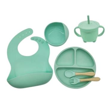 Imagem de Kit Refeição Bebê Silicone Colher Pratinho Babador Infantil Ventosa 6 