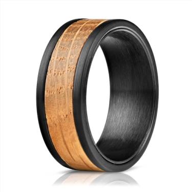 Imagem de Aliança de casamento masculina de carboneto de tungstênio preto - anel de casamento masculino de tungstênio de grau premium com revestimento de madeira em barril - Inclui aliança de silicone, bolsa de