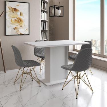 Imagem de Mesa Jantar Londres Tampo Branco 120Cm 4 Cadeiras Base Dourado Estofado Grafite
