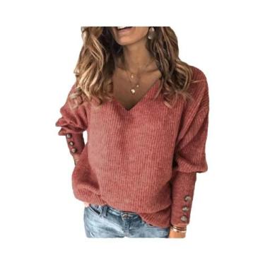 Imagem de Suéter Feminino De Tricô Gola V Outono Inverno Ajuste Fino Manga Longa