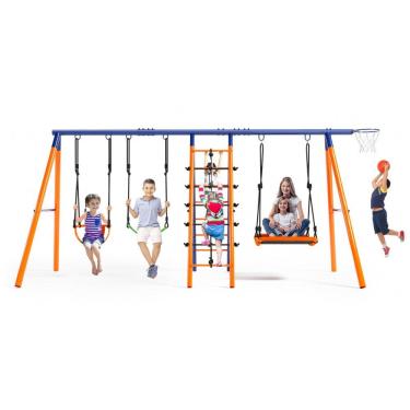 Imagem de Balanço Infantil 6 em 1 SIHANM Metal Reforçado Laranja e Azul com 3 Balanços Ajustáveis, Escada, Rede e Cesta de Basquete, Capacidade 318 kg
