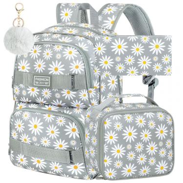 Imagem de Mochila AGSDON 3 em 1 cinza com estampa de margaridas, para notebook 17", com lancheira e estojo