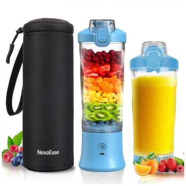 Imagem de Liquidificador portátil NexaEase 600ml azul com capa térmica preta recarregável USB-C para shakes e smoothies