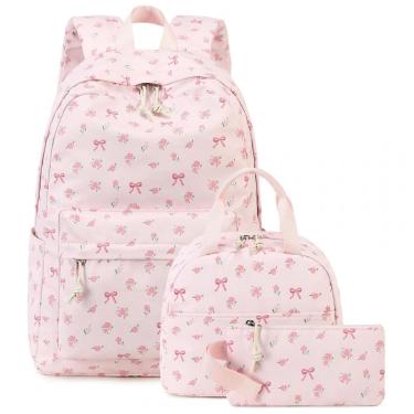 Imagem de Mochila escolar Bluboon juvenil feminina rosa com laço, conjunto 3 peças com lancheira térmica e estojo, para notebook 35,5 cm