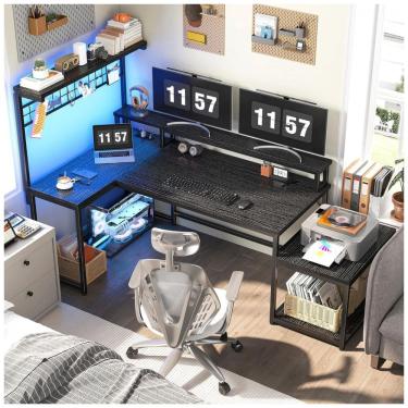Imagem de Mesa Gamer em L EnHomee 160 cm Preto com Luzes LED, Tomadas Elétricas, Prateleira de Armazenamento e Suporte para Monitor, Reversível