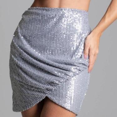 Imagem de Saia Paetes Feminina da moda Sawary Fashion, M, Prateado