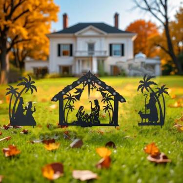 Imagem de WAIU Decoração de cena de Jesus para jardim de Natal, conjunto de presépio ao ar livre com iluminação solar com 9 luzes LED, decoração de Natal para decoração de jardim e jardim