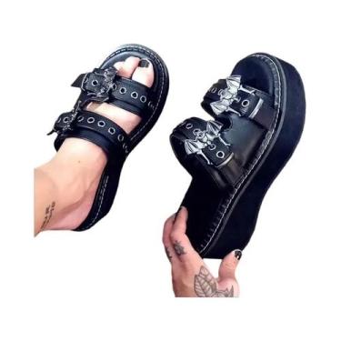 Imagem de Sandálias Plataforma Góticas Pretas Femininas Com Fivela, Sapatos De C