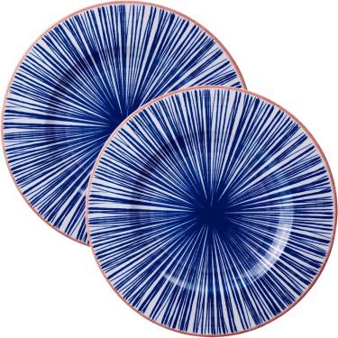 Imagem de Kit Jogo de Pratos Rasos para Jantar Abstratta 10 Peças Porcelana Estilo Folk para Uso Diário Azul e Branco