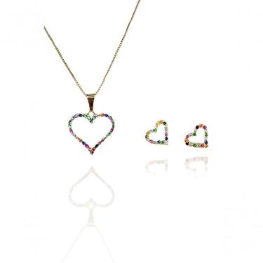 Imagem de Conjunto Corações Com Zircônia Colorida Banhado Em Ouro 18k [f027]