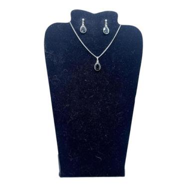 Imagem de Conjunto Colar Brinco zircônia Ponto Luz GOTA PRETO AÇO INOX - ASA