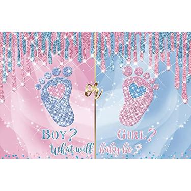 Imagem de Yeele 3 x 2,4 m rosa azul gênero revelar fundo pegadas glitter menina ou menino ele ou ela fundo fotografia chá de bebê decoração festa de aniversário recém-nascido mesa de bolo vinil adereços cabine de fotos