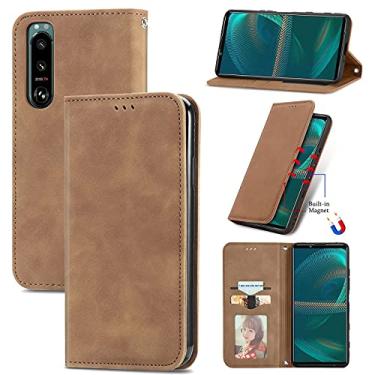 Imagem de YUNCHAO Caixa de telefone Para Sony Xperia 5 III Pele Retro Sinta Negócios Magnetic Horizontal Flip Capas De Couro Com Holder & Cartão Slots & Carteira & Posto Frame capa para celular