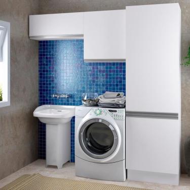 Imagem de Kit Área De Serviço Madesa Acordes 100% MDF com 2 Armários e Torre Portas Branco Brilho