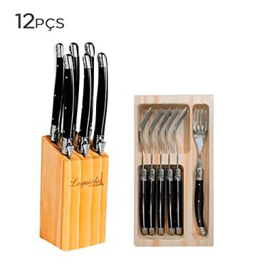 Imagem de Conjunto Cepo de Facas e Garfo de Aço Inox Laguiole Preto 12PÇS