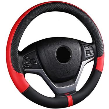 Imagem de Capa de volante de carro confortável carro de couro de microfibra com textura 3d esportes combinando cores fashion quatro estações alça universal, vermelho e preto