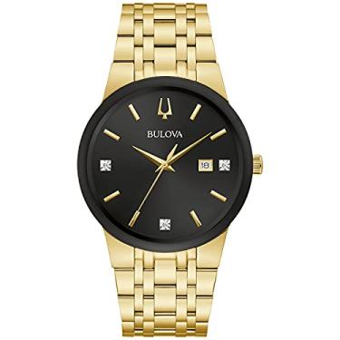 Imagem de Bulova Relógio masculino moderno de aço inoxidável, 3 ponteiros com calendário, quartzo, mostrador de diamante, Dourado = tom, Pulseira de aço inoxidável com cronógrafo clássico dourado