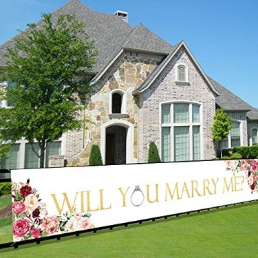 Imagem de Banner Decorações Will You Marry Me, Suprimentos de Decorações de Placa de Varanda para Festa de Noivado de Casamento Grande Pano de Fundo para Cabine de Fotografia (3 x 0,5 m)