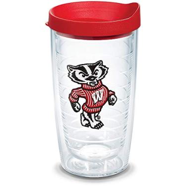 Imagem de Tervis Copo mascote com emblema e tampa vermelha de Wisconsin Badgers Bucky Badgers 473 g, transparente
